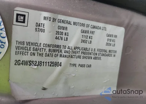 2001 Buick Century Custom z USA, uszkodzony, nr VIN 2G4WS52J811125904